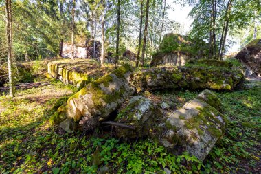 Ormanın ortasında kısmen korunmuş eski askeri kuvvetler.