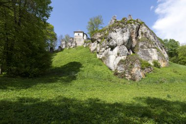 Kayalık bir tepenin üzerine inşa edilmiş taş bir kalenin kısmen restore edilmiş kalıntıları.