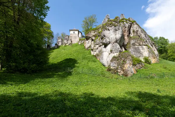 Kayalık bir tepenin üzerine inşa edilmiş taş bir kalenin kısmen restore edilmiş kalıntıları.