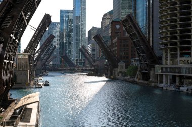 Şehir merkezindeki Chicago Nehri köprüleri su trafiğine izin vermek için kaldırıldı