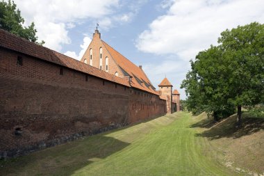 A dry grassy moat separate theb sunlit medieval fortress from treelined area clipart