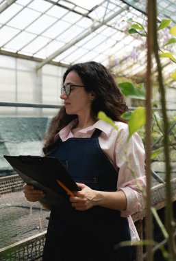 Sera işçisi pano ile bitki büyümesini belgeliyor