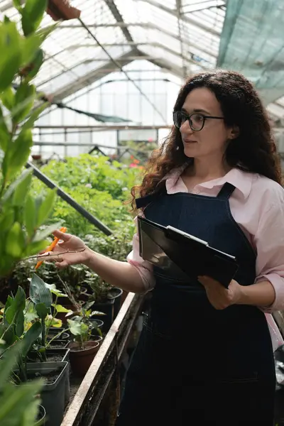 Dişi tarım uzmanı bitkilerle çevrili serada notlar alıyor.