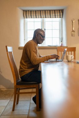 Evde dizüstü bilgisayar kullanan kıdemli adam.