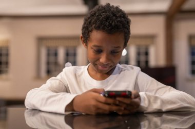 Boy using smart phone at home