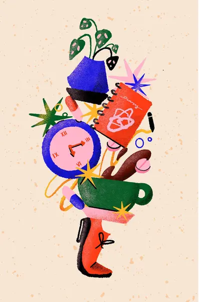 Zor bir iş gününü temsil eden günlük nesneler yığını, illüstrasyon