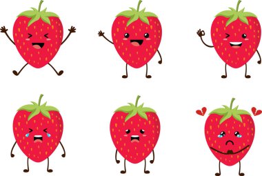 Strowberry şirin meyve kawaii vektör karakter kolleksiyonu
