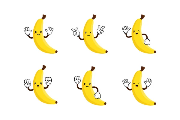 Banana Cute Fruit Kawaii Vector Icon Character Colection — Stock Vector