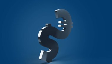 Para bozdurma dolarından Euro 'ya. Gümüş metalik para birimi simgeleri sinematik mavi arka plan. İş ve finansal kavramların sembolü. 3B resim.
