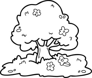 Şirin çizgi film, bahçe, bahar, ağaçlar, çiçekler, bahçe, illüstrasyon, el çizimi