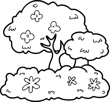 Şirin çizgi film, bahçe, bahar, ağaçlar, çiçekler, bahçe, illüstrasyon, el çizimi