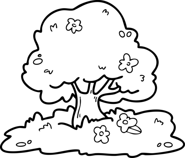 Şirin çizgi film, bahçe, bahar, ağaçlar, çiçekler, bahçe, illüstrasyon, el çizimi