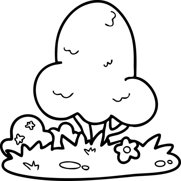 Şirin çizgi film, bahçe, bahar, ağaçlar, çiçekler, bahçe, illüstrasyon, el çizimi