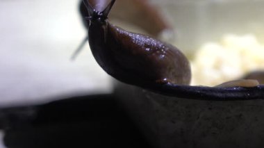 Arion vulgaris türü olarak tanımlanan büyük, kırmızı ve turuncu sümüklüböceklere yakın çekim. Bu yaygın gastropodların doğal çevrelerindeki eşsiz renk ve dokusu.