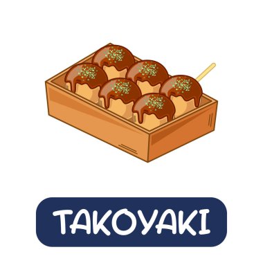 Japon yemek vektörü Takoyaki çizgi filmi beyaz arka planda izole edildi.