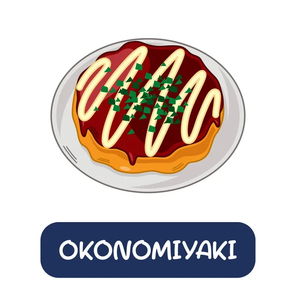 Dibujos Animados Okonomiyaki Vector Comida Japonesa Aislado Sobre Fondo Blanco — Vector de stock