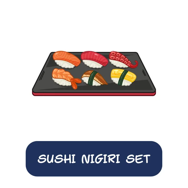 Set Sushi Nigiri Kartun Vektor Makanan Jepang Diisolasi Pada Latar - Stok Vektor