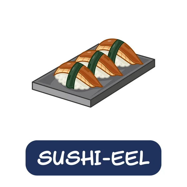 Rajzfilm Sushi Angolna Japán Élelmiszer Vektor Elszigetelt Fehér Alapon — Stock Vector