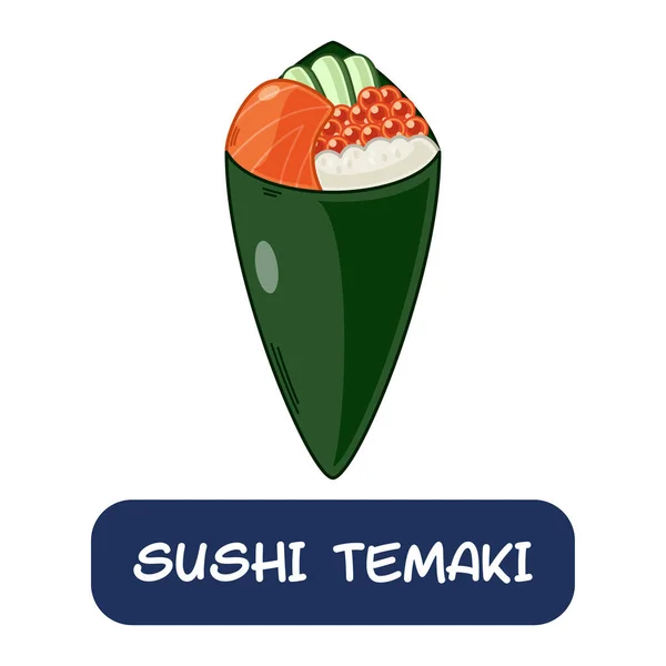 Dibujos Animados Sushi Temaki Vector Comida Japonesa Aislado Sobre Fondo — Vector de stock