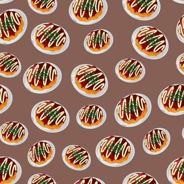 Cartoon Okonomiyaki Japanese Food Seamless Pattern Colorful Background — Stock Vector