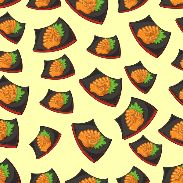 Мультфильм Сашими Лосось Японская Еда Бесшовный Узор Красочном Фоне — стоковый вектор