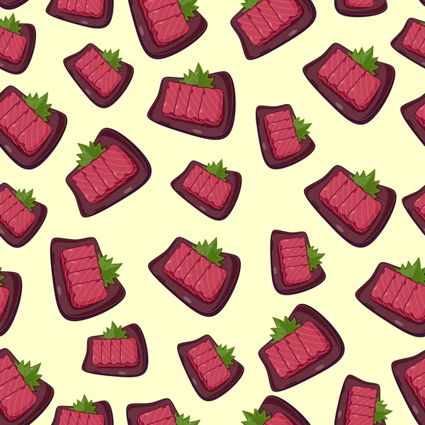 Cartoon Sashimi Tuna Japanese Food Seamless Pattern Colorful Background — Stock Vector