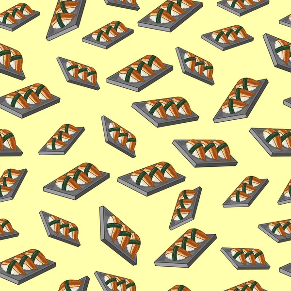 Tecknad Sushi Japansk Mat Sömlös Mönster Färgglada Bakgrund — Stock vektor