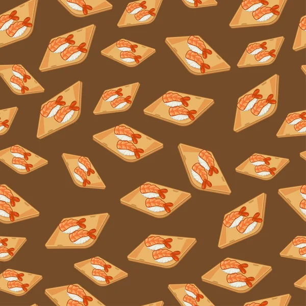 Tecknad Sushi Räkor Japansk Mat Sömlös Mönster Färgglada Bakgrund — Stock vektor