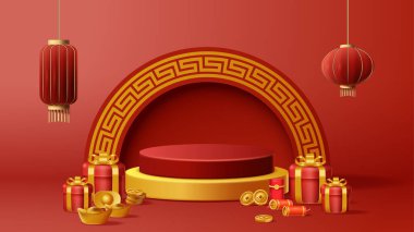 Chinese New Year display podium decoration background with chinese ornament. Vector 3D Illustration
