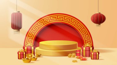 Chinese New Year display podium decoration background with chinese ornament. Vector 3D Illustration
