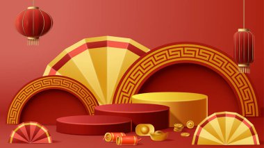 Chinese New Year display podium decoration background with chinese ornament. Vector 3D Illustration
