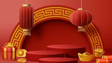Chinese New Year display podium decoration background with chinese ornament. Vector 3D Illustration