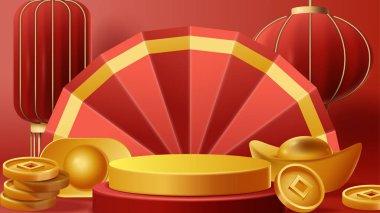 Chinese New Year display podium decoration background with chinese ornament. Vector 3D Illustration