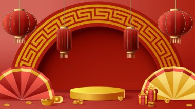 Chinese New Year display podium decoration background with chinese ornament. Vector 3D Illustration