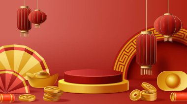 Chinese New Year display podium decoration background with chinese ornament. Vector 3D Illustration