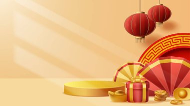 Chinese New Year display podium decoration background with chinese ornament. Vector 3D Illustration