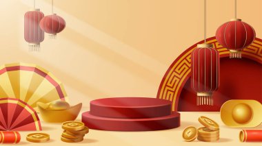 Chinese New Year display podium decoration background with chinese ornament. Vector 3D Illustration