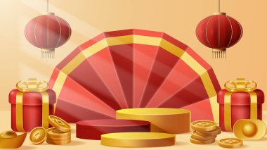 Chinese New Year display podium decoration background with chinese ornament. Vector 3D Illustration