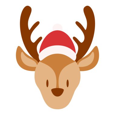 Düz Noel Baba 'nın Ren Geyiği Baş Karakteri. Noel etkinliği. Vektör İllüstrasyonu