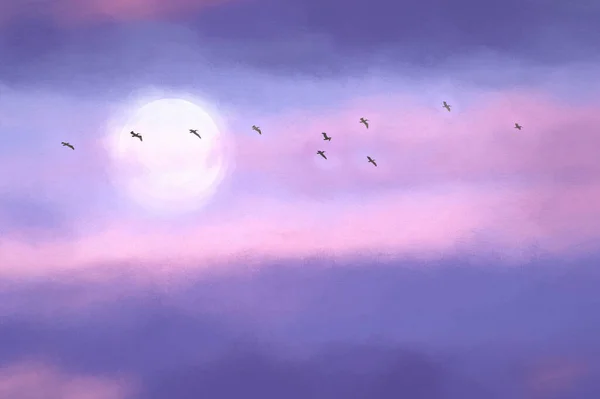 A Flock Of Birds Are Flying Across The Moon Night Sky In Graphic Painting Format.