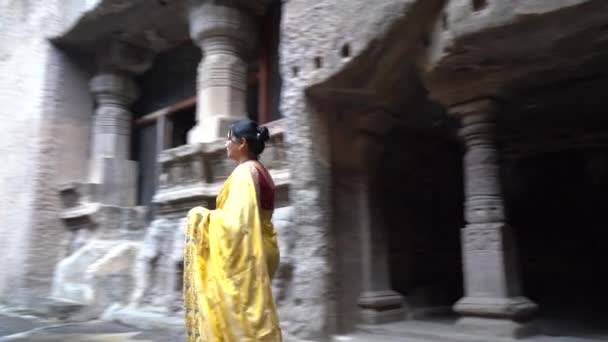 Indian Woman Tourist Saree Visit Jain Cave Temples Ellora Caves — Stock Video