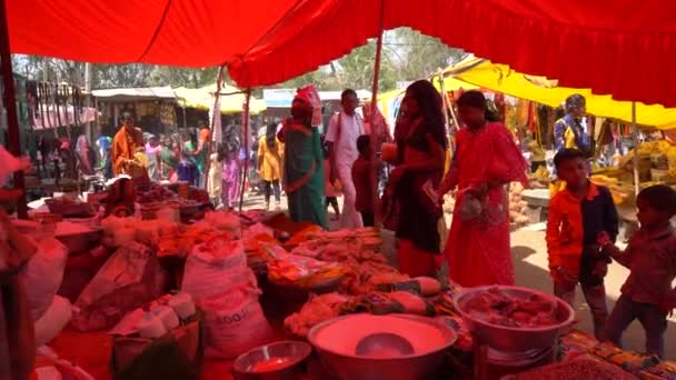Alirajpur Madhya Pradesh インド March 2022 バガゴリア ハート フェスティバルとしても知られるバガゴリアの部族フェスティバルで様々な商品を販売するベンダー — ストック動画