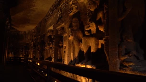 Interior Caverna Ajanta Caverna Salão Culto Com Elementos Projeto Vihara — Vídeo de Stock