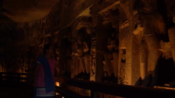 Interiøret Ajanta Cave Cave Tilbedelseshall Med Elementer Utforming Unescos Verdensarvliste – stockvideo