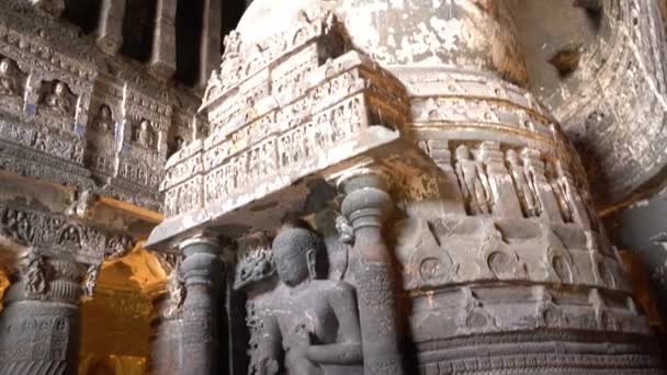Interior Ajanta Cave Cave Worship Hall Elements Vihara Design Unesco — Stock Video