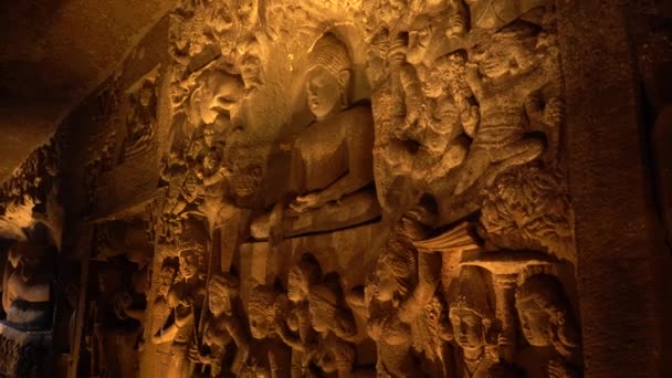 Interior Ajanta Cave Cave Worship Hall Elements Vihara Design Unesco — Stock Video