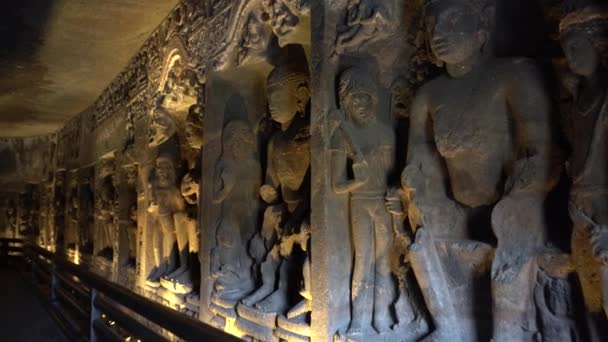Interiör Ajanta Grotta Cave Gudstjänst Hall Med Inslag Vihara Design — Stockvideo