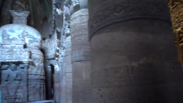 Interiér Jeskyně Ajanta Jeskyně Uctívací Sál Prvky Vihara Design Unesco — Stock video