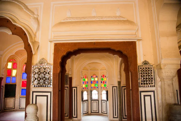 Janela Vidro Manchado Dentro Hawa Mahal Palácio Dos Ventos Jaipur — Fotografia de Stock