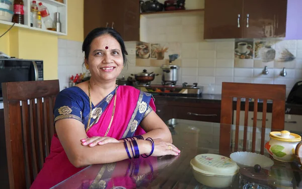 stock image Portrait of happy Indian woman at her home